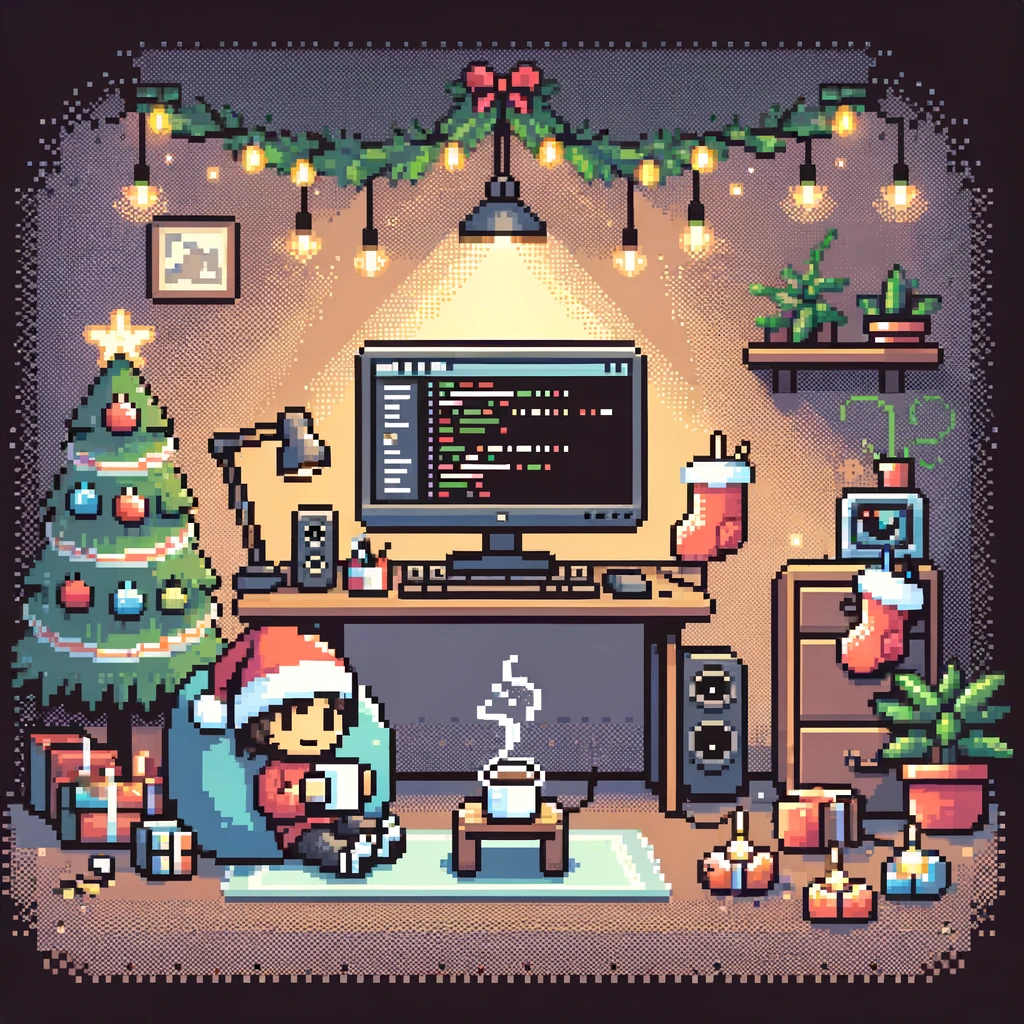 A pixel art image of a small person taking a break from coding for Christmas. The scene includes a cozy room with a computer displaying code on the screen, and the person is relaxing with a cup of hot chocolate. Decorations like a small Christmas tree, lights, and stockings are present, adding a festive atmosphere. The person is wearing casual clothes and a Santa hat, and there's a sense of warmth and holiday cheer in the room.